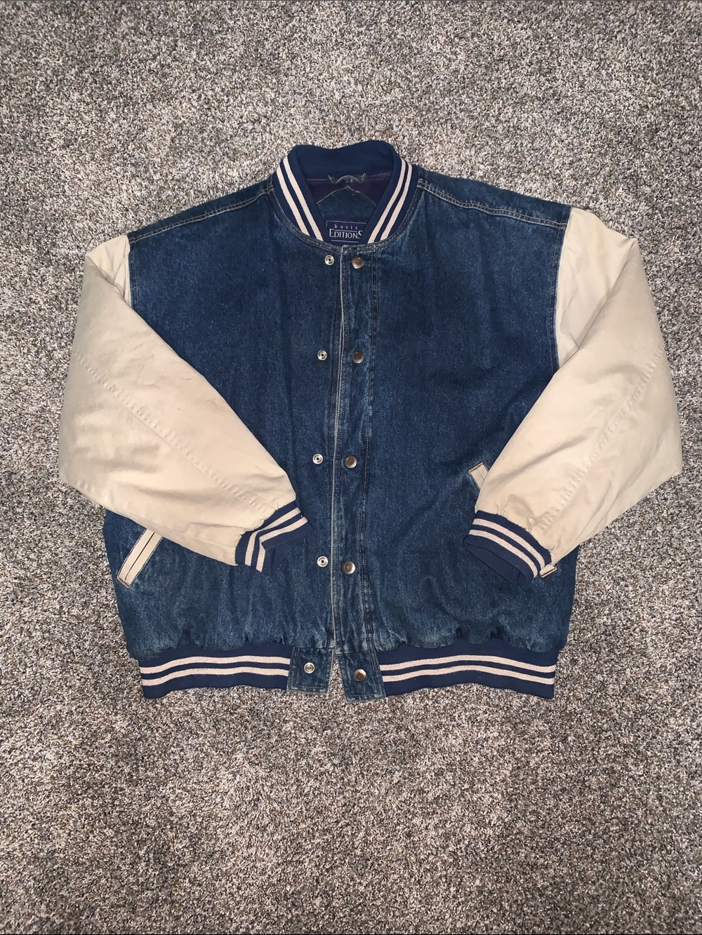 Basic Editions Faded Denim and Cream Varsity Bomber Jacket